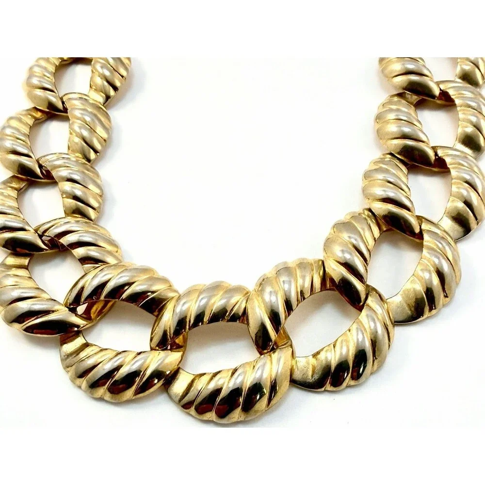 Vintage Gold Tone Chunky Rope Link Collar Necklace Bold Statement Chain 90s